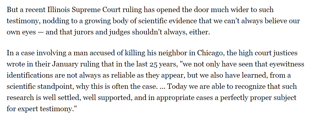 PROBLEM COURT Mistaken eyewitness testimony is leading cause of wrongful convictions. Expert testimony; better identification procedures; jury instructions; corroborating evidence. Seethis video:  https://www.ted.com/talks/elizabeth_loftus_how_reliable_is_your_memory?language=en and seethis video  https://www.dailymotion.com/video/xq1p3e 