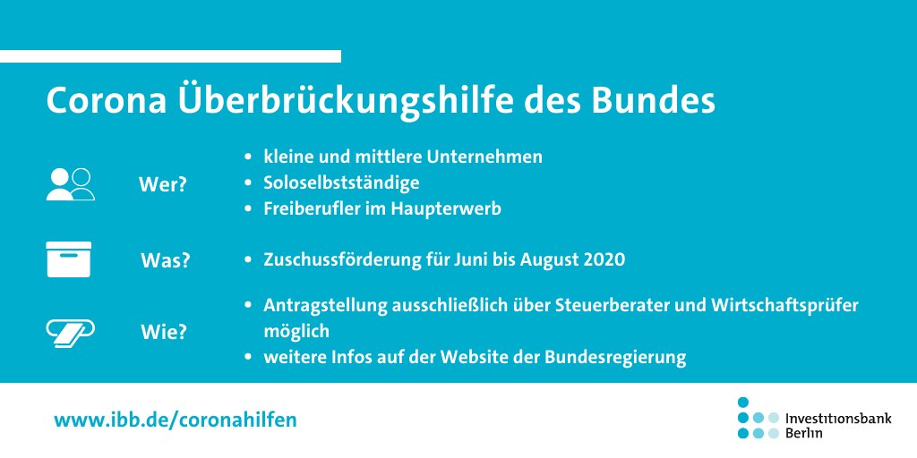 Die Corona Überbrückungshilfe des Bundes wird ausschließlich über Steuerberater und Wirtschaftsprüfer beantragt werden können. Die Antragstellung hat noch nicht begonnen. Alle Infos zum Programm finden Sie auf der Website der Bundesregierung: bit.ly/2UV1dfi