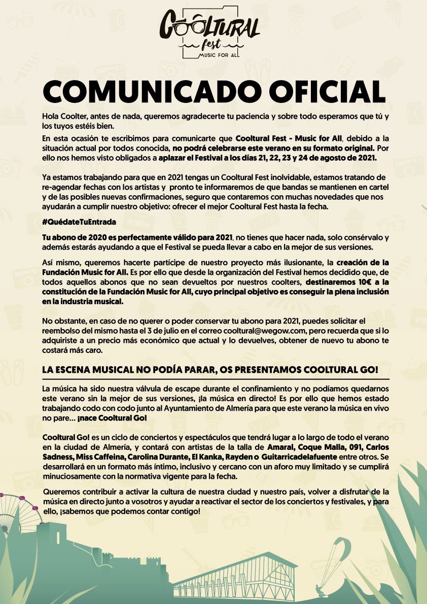 Carlos Ramos 💨 (@caraminarro) on Twitter photo Comunicados comprensibles... ya sólo queda pensar en la siguiente edición para los dos festivales de Indie en #Almería. Tanto <a href="/PlasticFestival/">Plastic Festival</a> ayer, como <a href="/coolturalfest/">Cooltural Fest - Music For All</a> en el día de hoy, nos emplazan al futuro. #lovamosabailar #coolturalgo Comunicados comprensibles... ya sólo queda pensar en la siguiente edición para los dos festivales de Indie en #Almería. Tanto <a href="/PlasticFestival/">Plastic Festival</a> ayer, como <a href="/coolturalfest/">Cooltural Fest - Music For All</a> en el día de hoy, nos emplazan al futuro. #lovamosabailar #coolturalgo