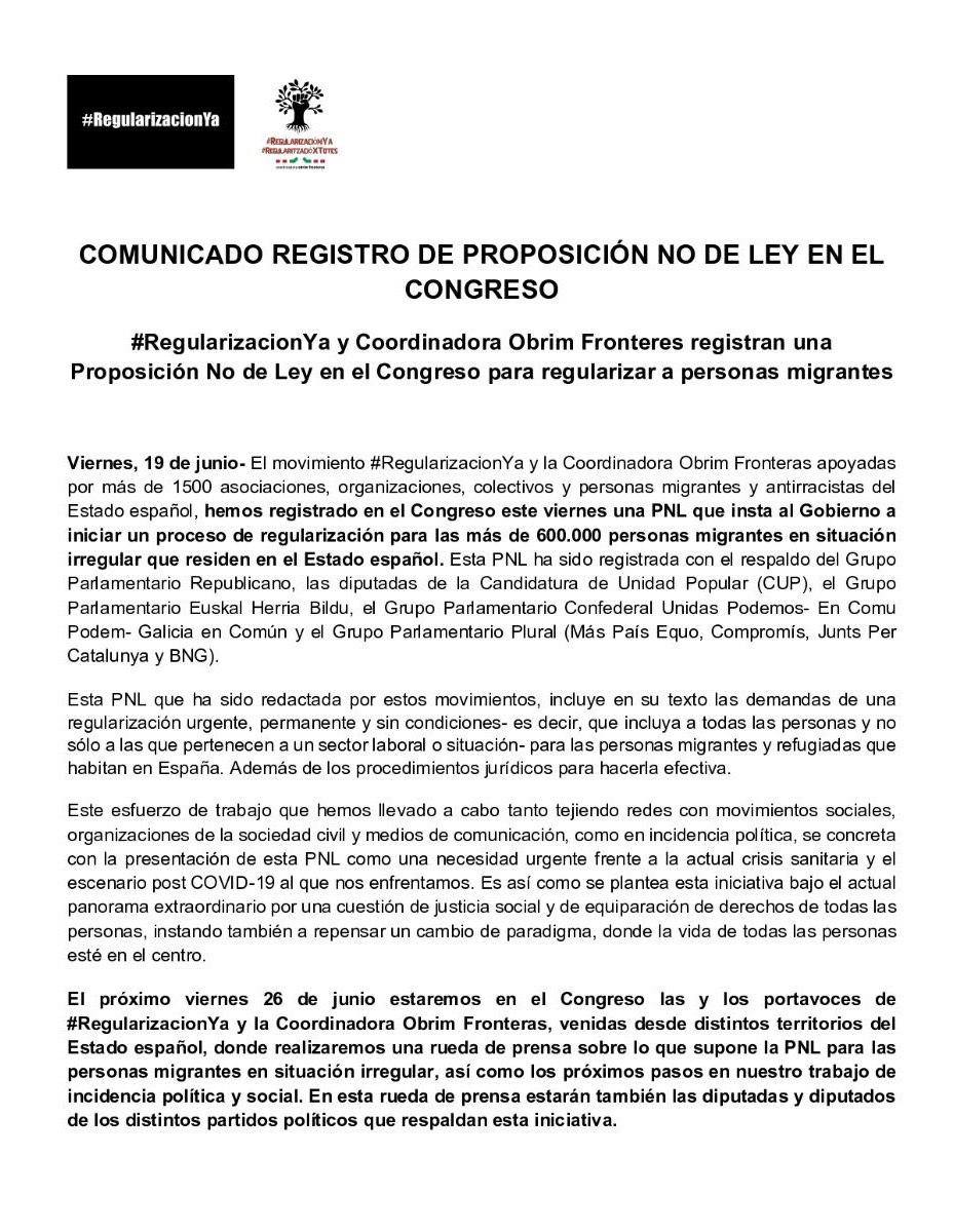 El trabajo que hemos llevado a cabo tejiendo redes con movimientos sociales, organizaciones de la sociedad civil, medios de comunicación e incidencia política, se concreta con el registro de la #PNLRegularizacionYa    
#RegularizacionYa 
#Regularitzacioxtotes

<a href="/CoordinadoraOF/">Coordinadora Obrim Fronteres #regularitzacioxtotes</a>