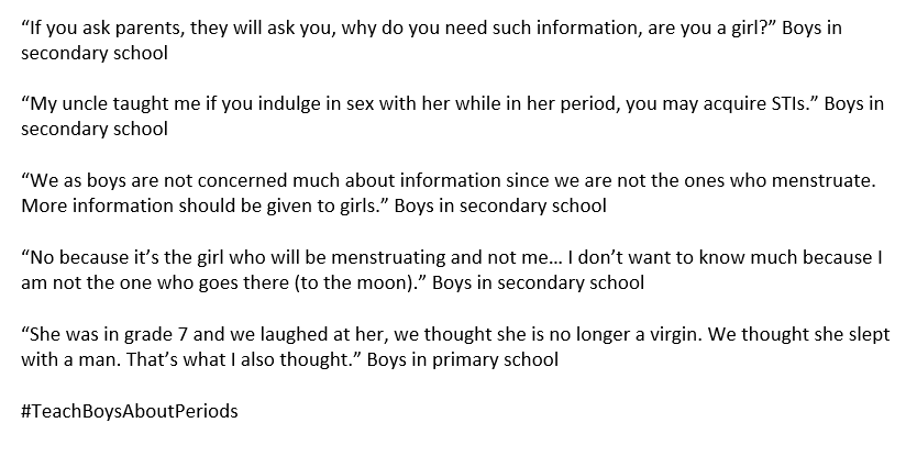 SanitaryAidZim's tweet photo. Below are some of the responses of boys in a Unicef study, when asked about periods. This is why it’s not only important for boys to be taught correct information about periods, but for parents to be also trained how to have period conversations with children
#LetsTalkAboutIt🩸 https://t.co/wYs4Gc57Mm