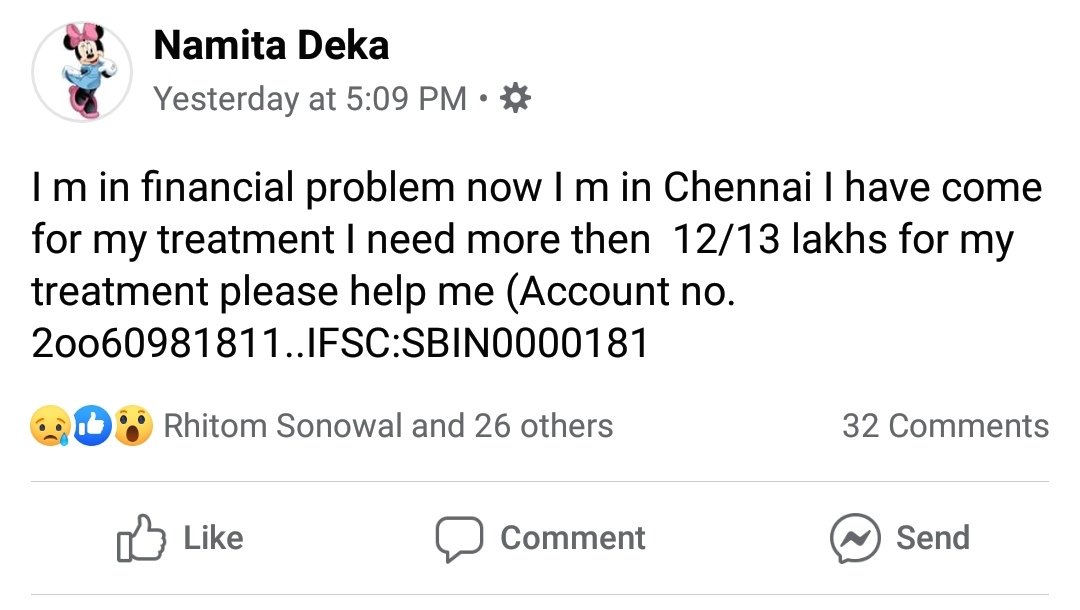 bubulchmedhi's tweet photo. Namita Deka from nagaon,assam.
cancer patient,also lost her father few days ago, treatment ongoing in Chennai,
Sir pray to help her If possible. @himantabiswa  @BeingSalmanKhan @iamsrk pls help, her ph no  087943 99062 https://t.co/rWRcKzY04t