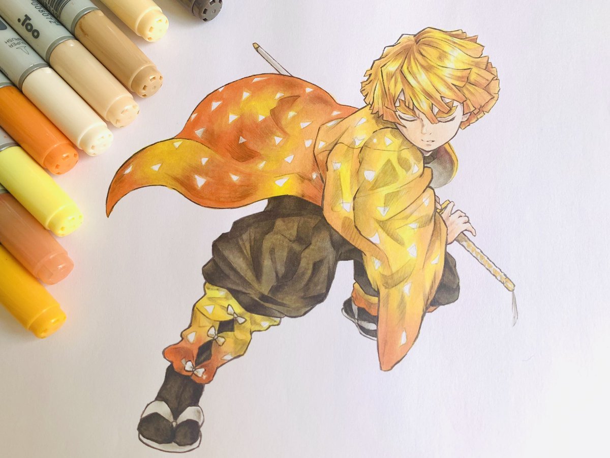 1boy traditional media male focus blonde hair weapon demon slayer uniform solo  illustration images