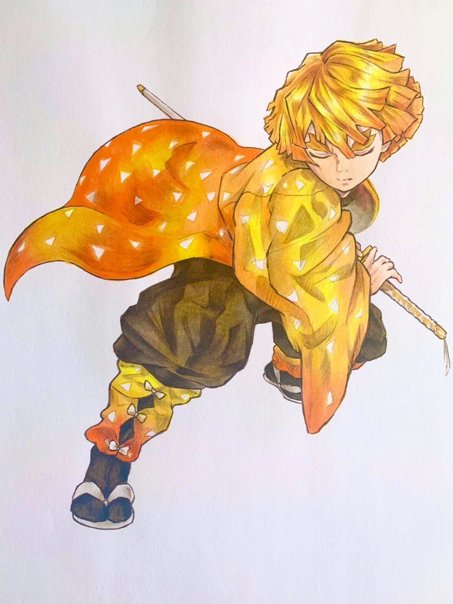 1boy traditional media male focus blonde hair weapon demon slayer uniform solo  illustration images