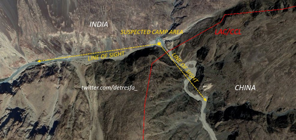 Lastly a camp there treated as a forward outpost makes a lot of sense since its "line of sight" would allow either side to watch the other's activities in the area, the only issue is this patch of land lies in  #India as per the  #China claim line