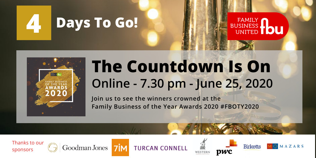 Just 4 days to go until we crown the winners of the 2020 Family Business of the Year Awards!  #FBOTY2020  
@howellfilmcrew <a href="/7IM_Private/">7IM Private Client</a> <a href="/PwC_UK/">PwC UK</a> <a href="/WesternPensions/">Ben Fowler</a> <a href="/birkettsllp/">Birketts LLP</a> @Mazars_UK <a href="/TurcanConnell/">Turcan Connell</a> <a href="/GoodmanJones/">Goodman Jones</a> @fambiznet <a href="/FamilyBizAwards/">FamilyBusinessAwards</a> 
eventbrite.co.uk/e/the-family-b…