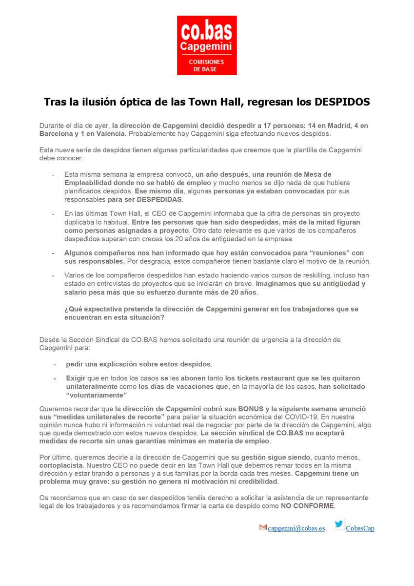COMUNICADO: Tras la ilusión óptica de las Town Hall, regresan los DESPIDOS en <a href="/Capgemini_ES/">capgemini_es</a> <a href="/CobasTIC/">Co.bas TIC</a> <a href="/CoBas_MADRID/">Co.Bas MADRID</a> @cobas_ <a href="/CobasAltran/">cobas.altran.madrid</a> <a href="/cobasindraorg/">co.bas en Indra</a>