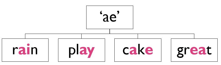 A complex code includes the spelling alternatives for sounds (e.g. ‘rain’, ‘play‘, ‘cake‘ and ‘great’) and pronunciation alternatives for spellings (e.g. ‘great’, ‘dream’ and ‘thread’):