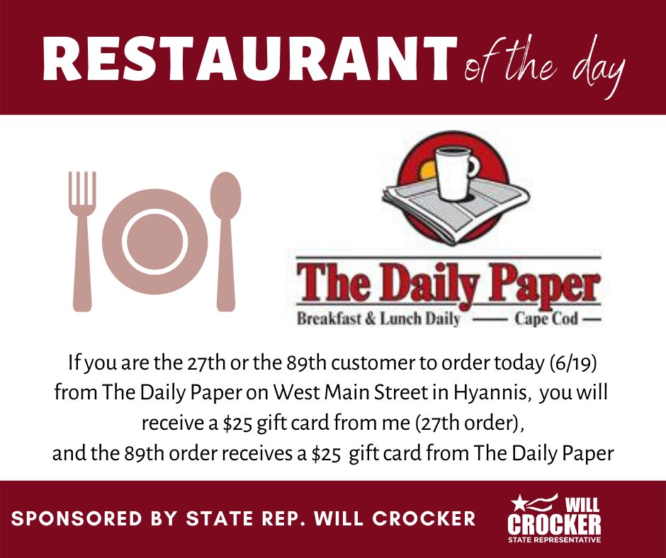WillCrockerJr's tweet image. Today I challenge you to dine at The Daily Paper on West Main Street in Hyannis - the Restaurant of the Day! If you are the 27th or the 89th customer to order today, you will get a $25 gift card for your next order!

#eatlocal #shoplocalcapecod #dailypapercapecod