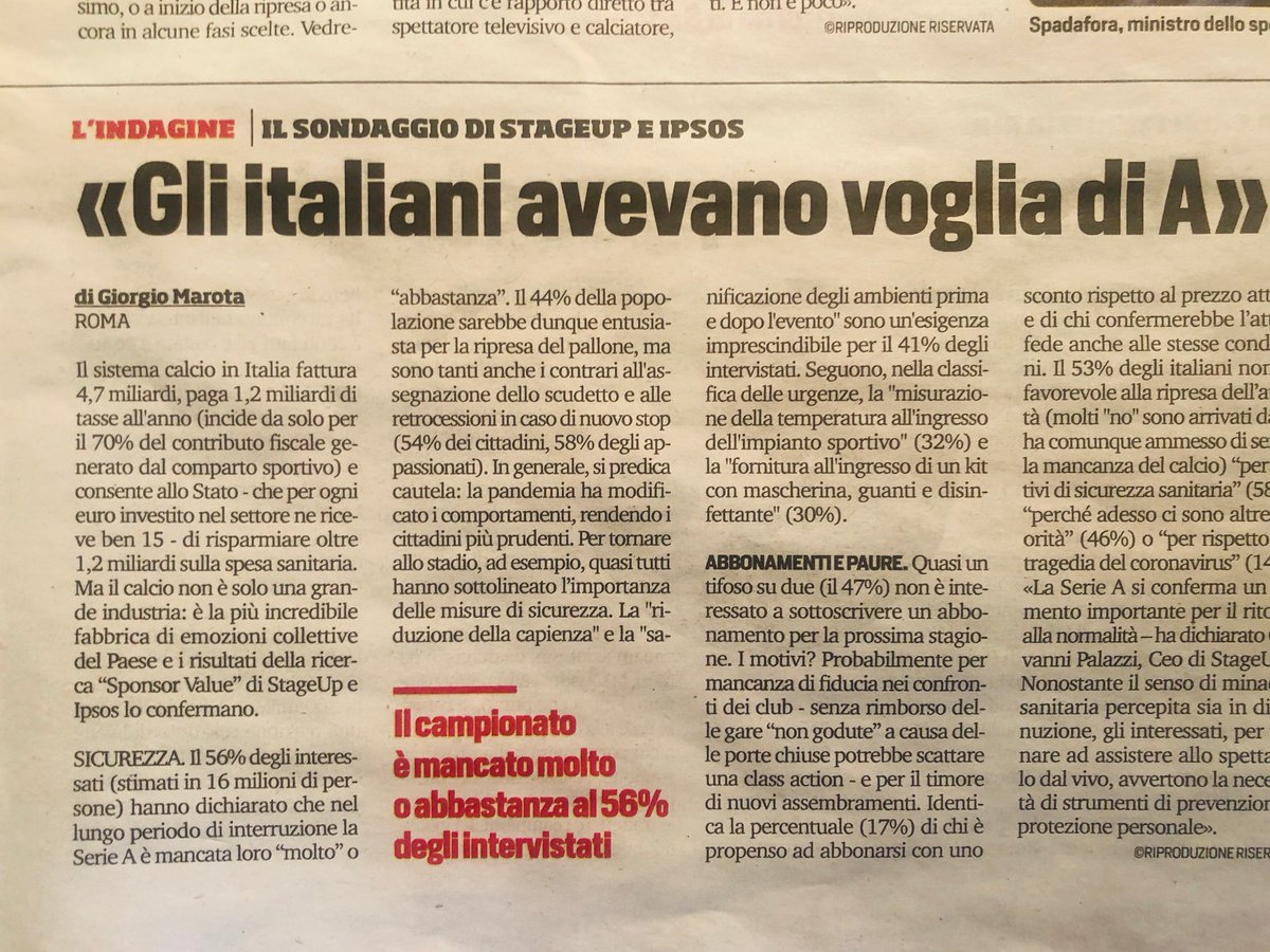 StageUp1's tweet photo. Quanto è mancata la #SerieA di #calcio agli italiani?
Gli italiani torneranno allo stadio
dopo l’emergenza #Covid19?
Sottoscriveranno gli abbonamenti alla prossima stagione?
I risultati dell’indagine #SponsorValue di @StageUp1 e @IpsosItalia su @CorSport https://t.co/FYMdm1BVhD