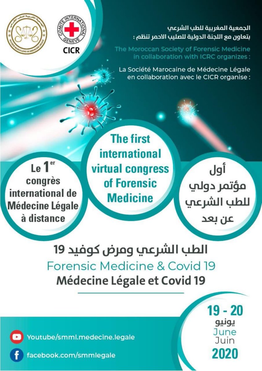 RaniaMachlab's tweet photo. The 1st international #virtual congress of #Forensic Medicine &amp; #COVID19 will be starting in less than 2 hours. We Hope you can join us for this first session (in english)
Time: 1pm (GMT+1) @ICRC #Morocco 

https://t.co/U57KyayN7F

https://t.co/9QtQgMV4tF https://t.co/k8cTBPY8I8