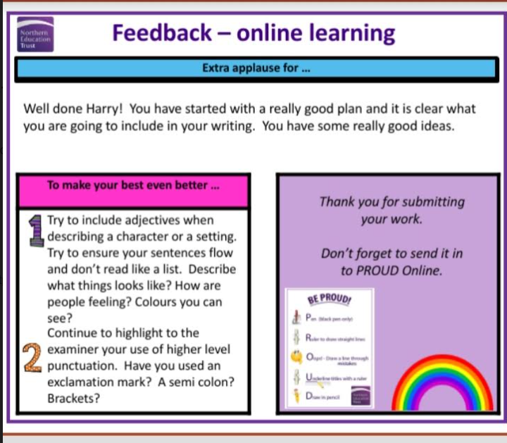 DykeHouse's tweet photo. Some great feedback for Harry L, Year 7, for his English KIP, well done Harry!#proudthursday #ouramazingstudents https://t.co/ivDAvGanQN