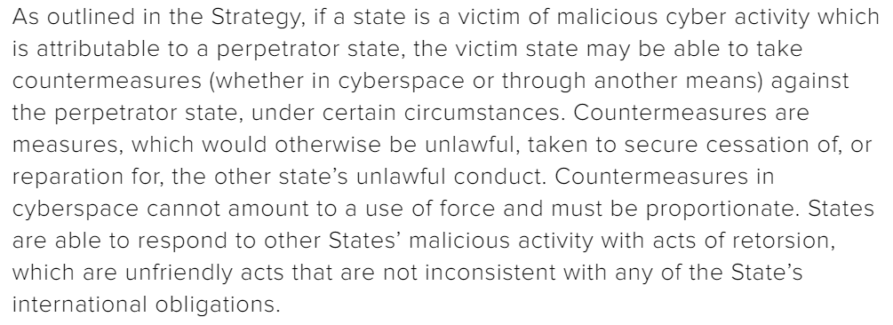Under  - yes, as a countermeasure to induce the responsible state to stop, provided proportionality and other requirements are met. Many states argue that in the cyber context, prior notification is not required if it would jeopardise the success of the countermeasure./17