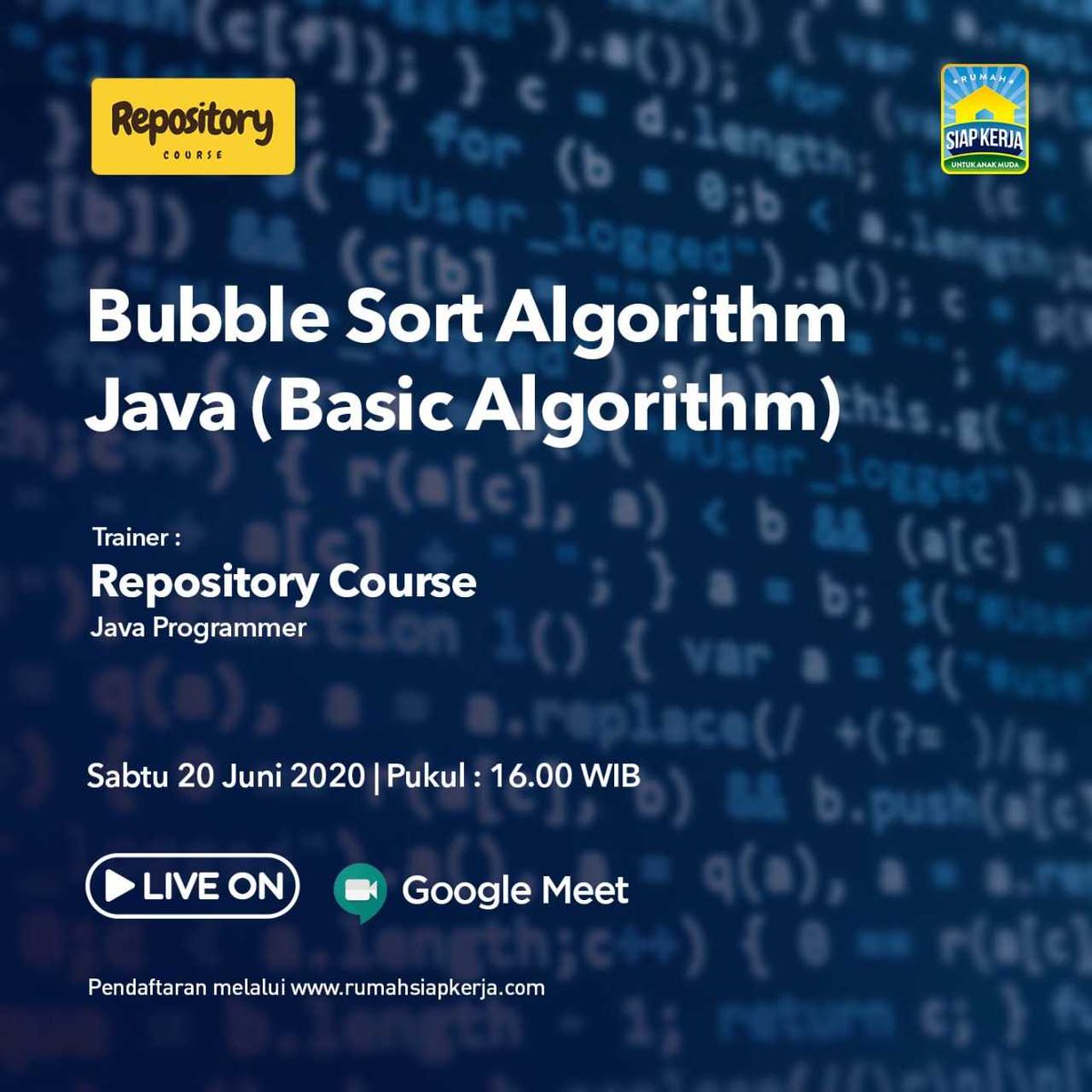 RSKindonesia's tweet image. Bersama Repository Course, dalam #RSKOnlineClass "Bubble Sort Algorithm Java (Basic Algorithm)" ini kamu bisa berdiskusi bersama cara menyelesaikan kasus pemrograan dengan metode yang sederhana.
Daftarkan dirimu disini👉bit.ly/RSKOnline_Basi…
#Programmer #BasicAlgorithm