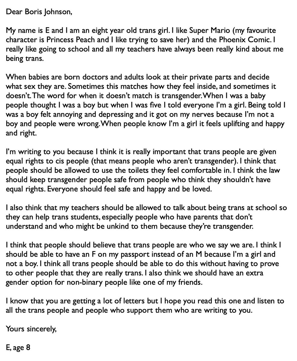 Lgbt Northern Social Group On Twitter Do You Want To Know About Trans Kids Talk To Them Listen To Them Here Is 8 Year Old E S Open Letter To Boris Johnson To
