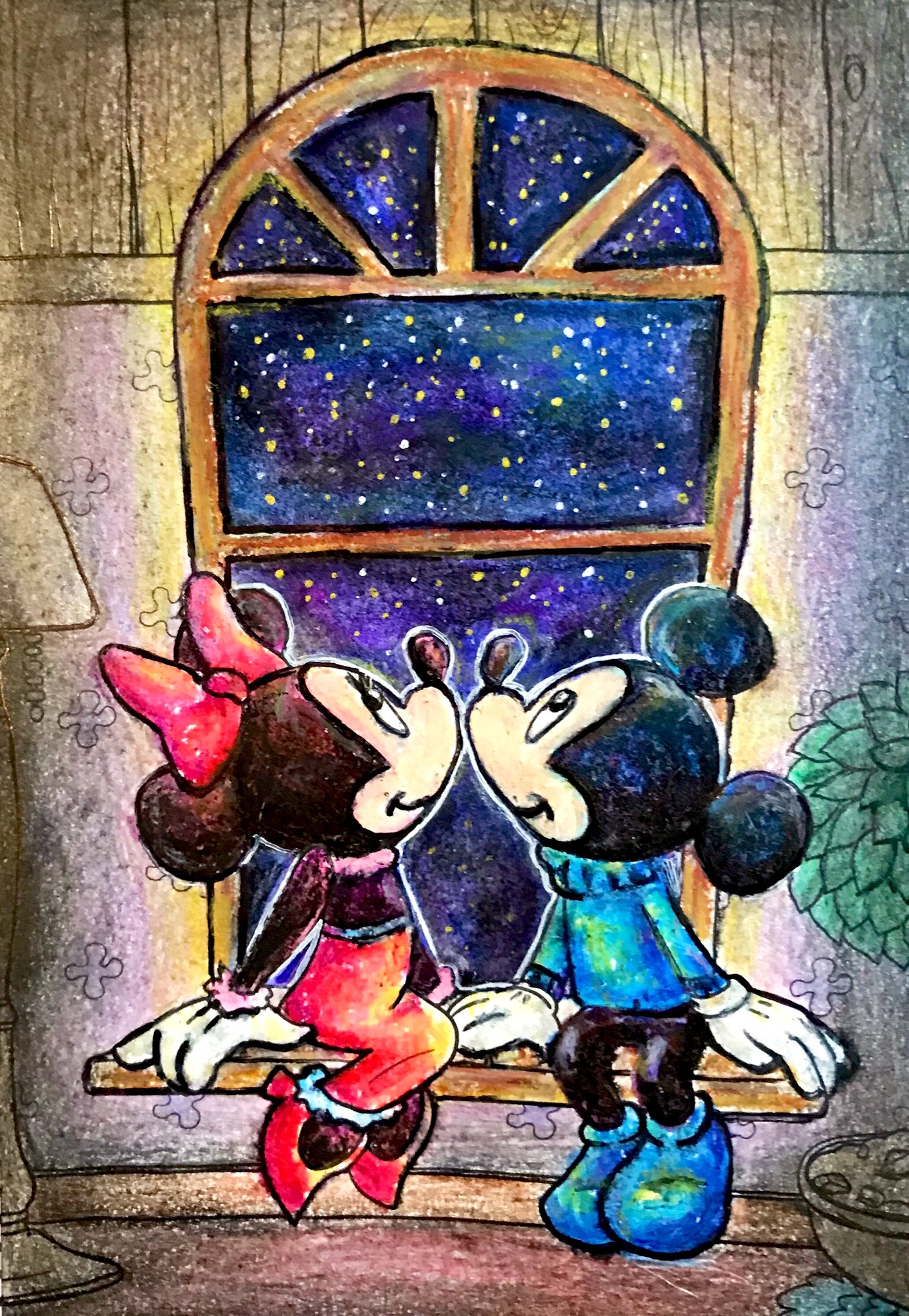 ず ず だったらどうやって塗るかな と思って と 親戚に渡された 塗り絵 暗い部屋の中夜空を眺める形にしました ミッキー ミニー クレヨン 周り 色鉛筆 パステル 夜空 透明水彩 パステル ボールペン イラスト アナログ絵 イラスト