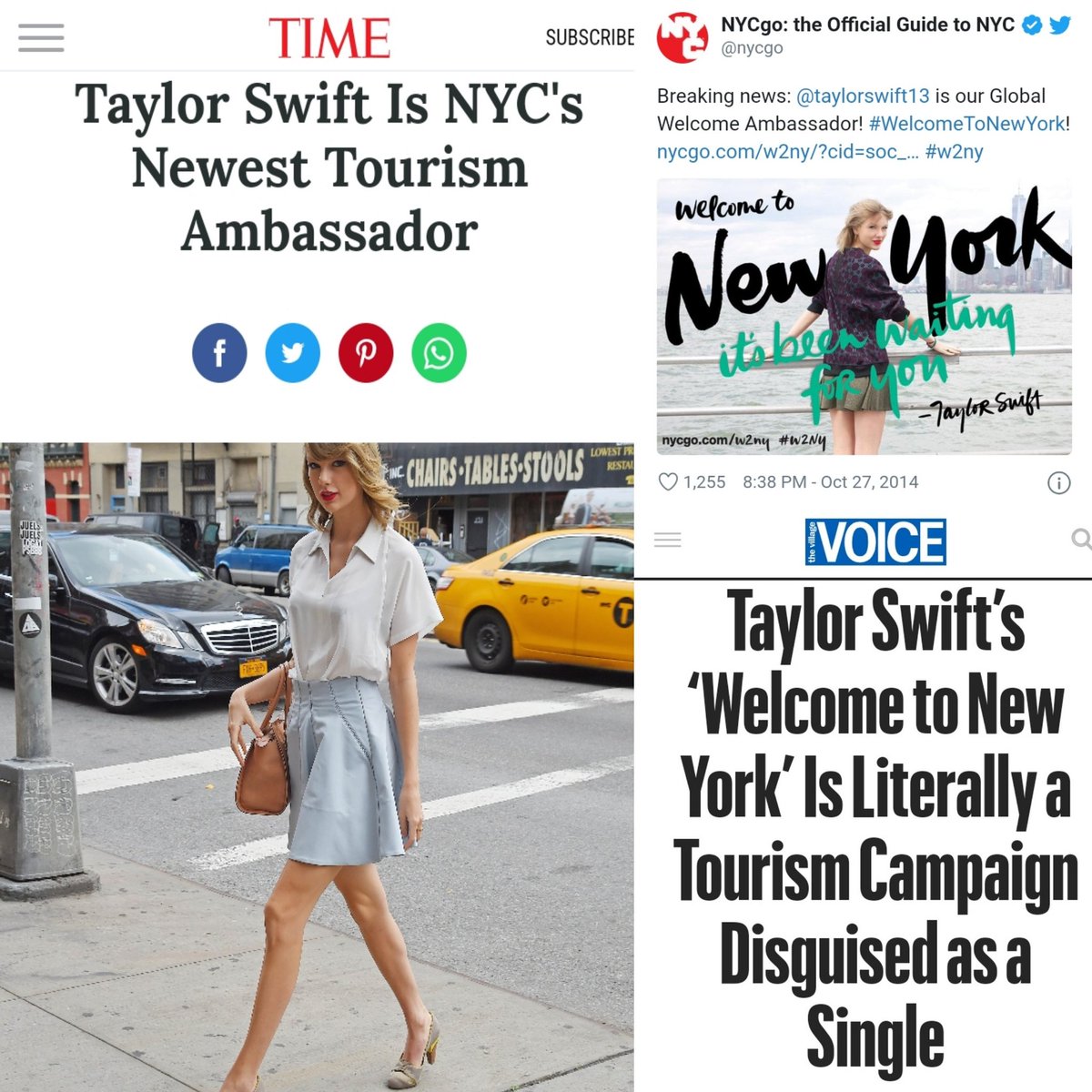 After moving to New York, NYC & Company proclaimed Swift as New York City's Global Welcoming Ambassador because of the spike in its global searches due to Taylor Swift's song "Welcome To New York".