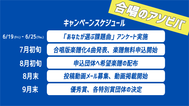 エイベのアソビバ 合唱のアソビバ 合唱のアソビバ 本日のお知らせその キャンペーンスケジュールの詳細を発表 課題曲アンケートで人気上位の曲は楽譜化決定 楽譜を期間内申し込んだ団体には1曲無料で配布 動画の募集は8月末 各賞も