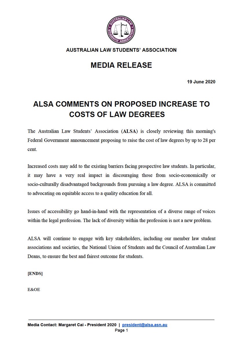 ALSA is closely reviewing the Federal Government's announcement proposing to raise the cost of law degrees.

Read our statement below #auslaw