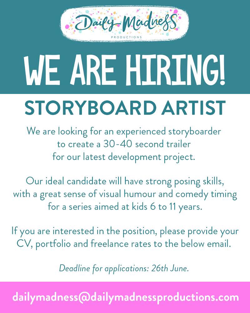 We are looking for an amazing storyboard artist to help out with an upcoming project in early July. Please spread the word #Animation #Storyboard #DevelopmentProject #KidsContent #Storyboarder #Animator