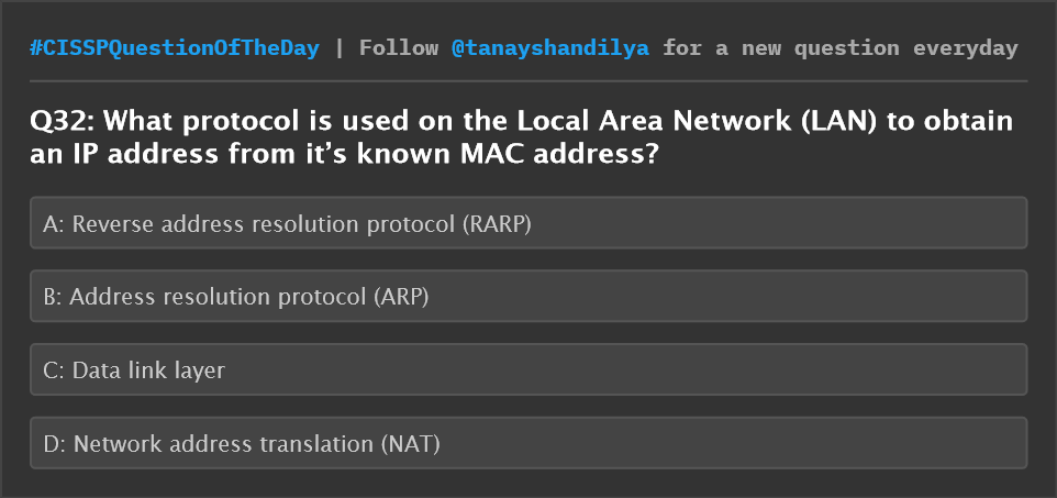 tanayshandilya's tweet image. CISSP Question of the day
#CISSPQuestionOfTheDay #cissp #cisspprep #cisspexam #cybersecurity #informationsecurity #womenintech #isaca #cisco #securityplus #comptia #networksecurity #networking #proxy #osimodel #shell #devsecops #secops