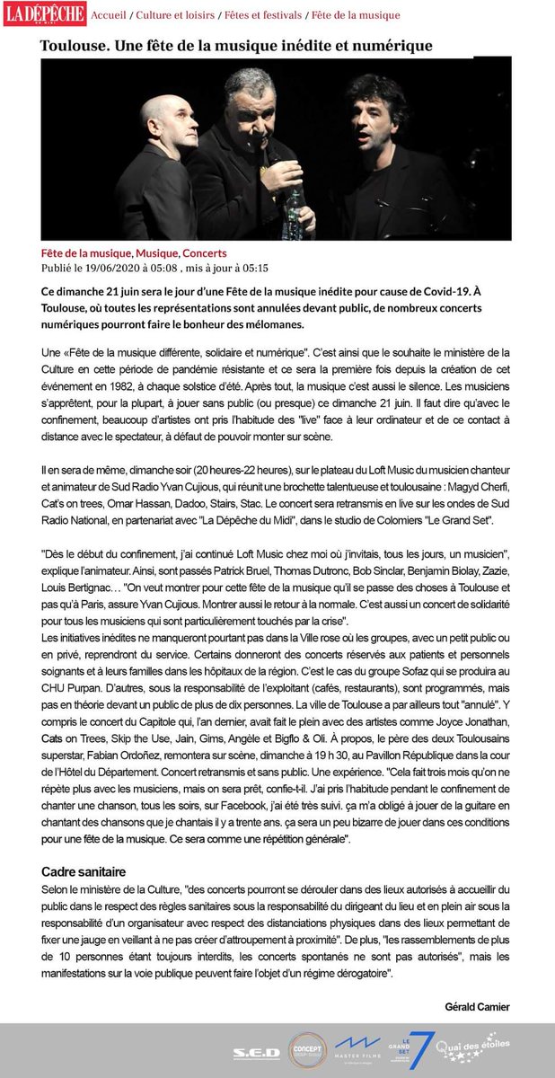 Nathalie Capdevielle (@nathaliecapdev2) on Twitter photo Fête de la musique en direct du <a href="/LoftMusicSR/">Loft Music Sud Radio</a> . En partenariat avec <a href="/ladepechedumidi/">La Dépêche du Midi</a> , @masterFilms, @conceptGroup, @Sed, @QuaidesEtoiles. Projet solidaire en soutien à la filière événementielle et artistique Fête de la musique en direct du <a href="/LoftMusicSR/">Loft Music Sud Radio</a> . En partenariat avec <a href="/ladepechedumidi/">La Dépêche du Midi</a> , @masterFilms, @conceptGroup, @Sed, @QuaidesEtoiles. Projet solidaire en soutien à la filière événementielle et artistique