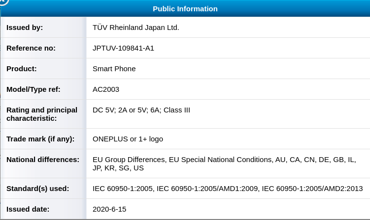 Sudhanshu1414's tweet image. As expected the OnePlus Z/Nord (AC2003) will come with 30W charging support, same as #OnePlus8series5G &amp;amp; previous #OnePlus devices. Clears TÜV Rheinland certification.
#OnePlusZ #OnePlusNord