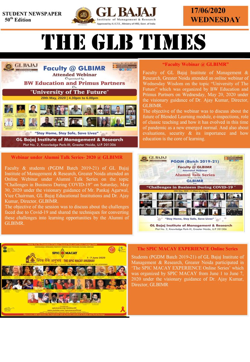Gl Bajaj Pgdm Glbimr Proudly Presents The 50th Edition Of Its Student Newsletter The Glb Times Compiled By Mr Rishabh Ranjan And Other E Cell Leaders Under The Guidance Of