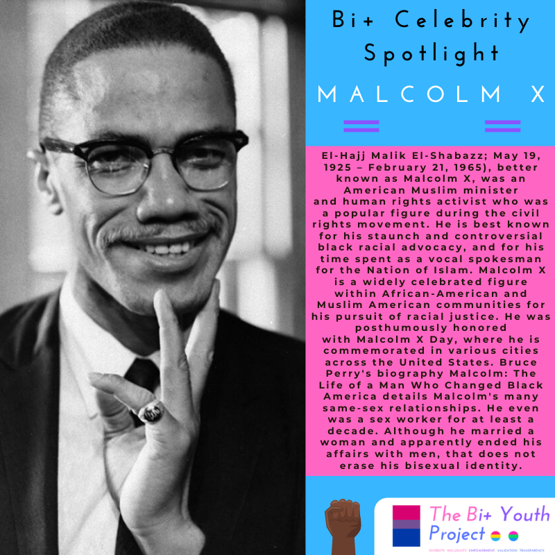 biplusyouth's tweet photo. TODAY'S BI+ CELEBRITY IS MALCOLM X!!!
#TBYP #BiPlusYouth #Bi #BiPlus #BiMen #BiWomen #BiGNC #BiGNB #Bisexual #Pansexual #Polysexual #MGL #Fluid #BiVisability #BiAndProud #StillBisexual #lgbtpride #lgbt #MalcomX #BLM #CivilRights #BlackLiberation https://t.co/eUsEhgvXv0 https://t.co/pUnL6MbPsj