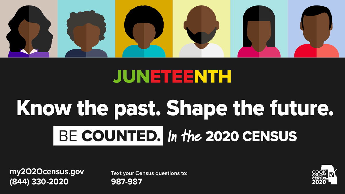 FPDCC's tweet image. This #Juneteenth, shape the future by ensuring your community’s political representation and resources for local schools, health clinics, roads, and more.

Fill out the census today at my2020census.gov

#CookCountyCensus
#ILCountMeIn