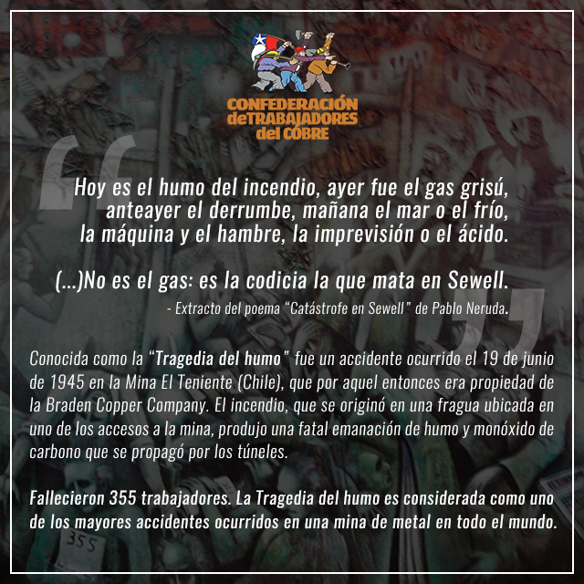 ConfeCobre's tweet photo. ⚫️ Fallecieron 355 trabajadores. La #TragediaDelHumo, ocurrida el 19 de junio de 1945 en la que actualmente es la Mina El Teniente (Chile), es considerada como uno de los mayores accidentes ocurridos en una mina de metal en todo el mundo.

🔴Ratificación del #Convenio176OIT https://t.co/EADyMZPsDm