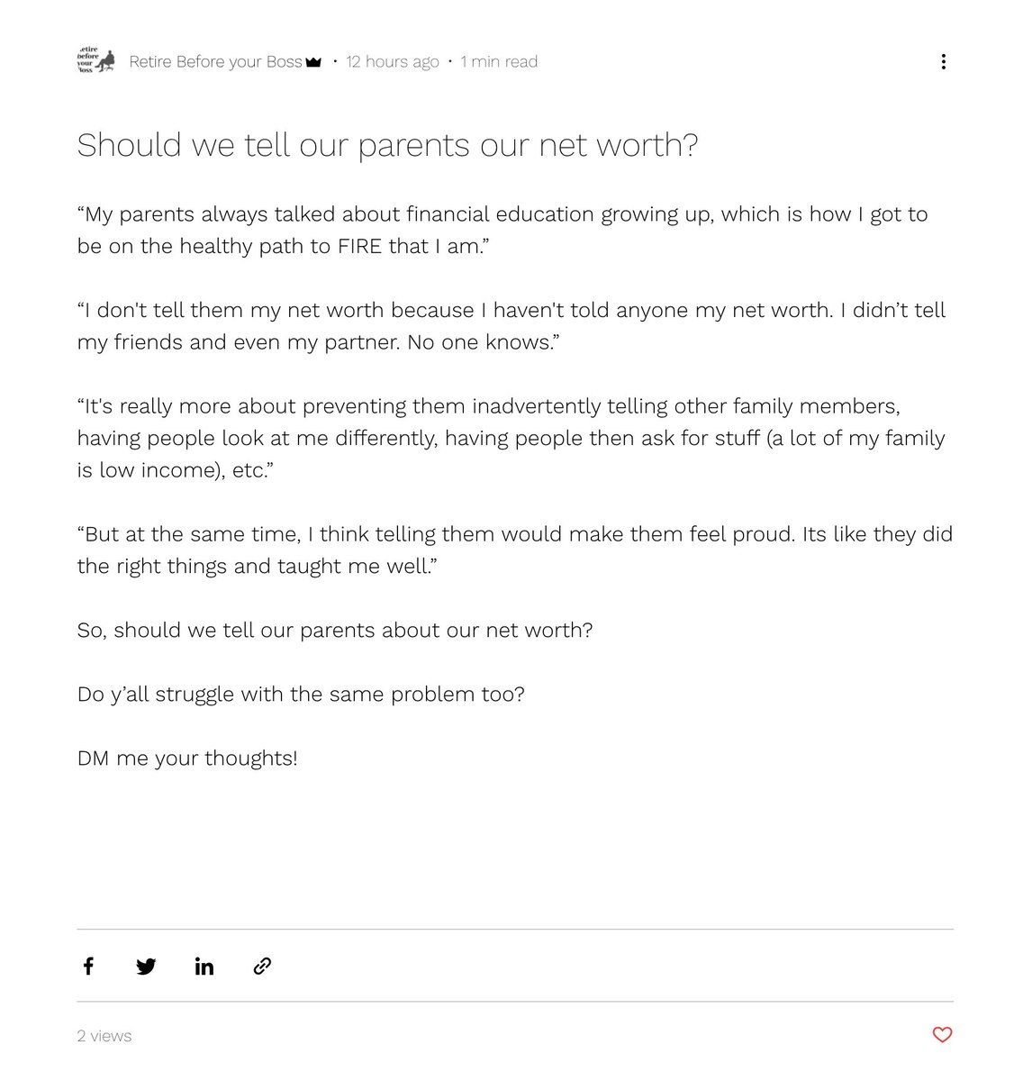 ❓ Should we tell our parents our net worth?  🤔

Full blog 👉🏻 fornost1.wixsite.com/website/post/s…

Let me know in the comment section 👇🏻💙

#Investment  #money