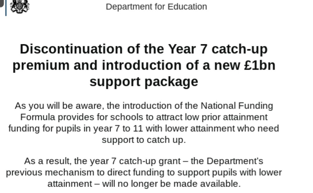 Oh look, they are cutting the current catch up premium, for schools in the most disadvantaged areas this can be around £25k a year. Many schools will use this to pay for a specialist support staff member, so theyre diverting money to pay for their tutoring scheme12/