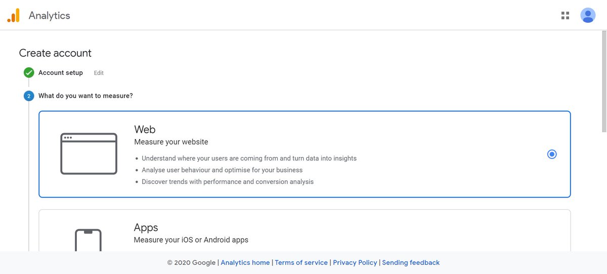 10. f. Akan ada pilihan apa yg akan kita pasangin GA, ada web, aplikasi, dan keduanya. Tapi karena kita akan memasang GA di web/blog, pilih yang web.Scroll down >> klik "next".