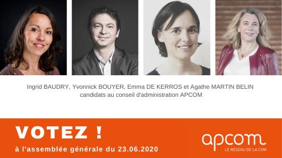 reseauAPCOM's tweet photo. Mardi 23 juin de 17h30 à 18h15 c'est l'Assemblée générale de l'APCOM en visio. Au programme : bilan 2019, des infos sur la prochaine saison et élections de 4 nouveaux membres du CA @Guinarwen @AgatheLH @ybouyer @edekerros. Inscriptions sur : https://t.co/WnP66FP08T https://t.co/qRjbbHAC5O