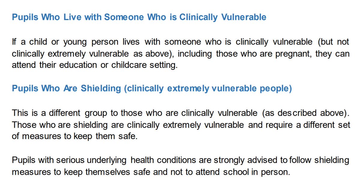 17/ Pupils and attendance:- Living with clinically vulnerable can attend school- Pupil who is clinically vulnerable should not attendSo a clear need for educational support for the latter pupils.