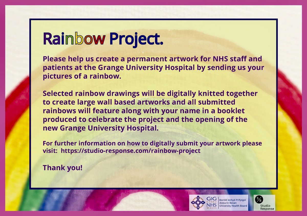studio_response's tweet photo. Pls send us your Rainbow Pictures 🌈 to help us create a permanent wall based artwork &amp; booklet for NHS staff at the newly built Grange University Hospital, Cwmbran. For step by step instructions on producing &amp; submitting a rainbow picture please go to: 
https://t.co/5aGHA8XRxa https://t.co/dCHxd5enGs
