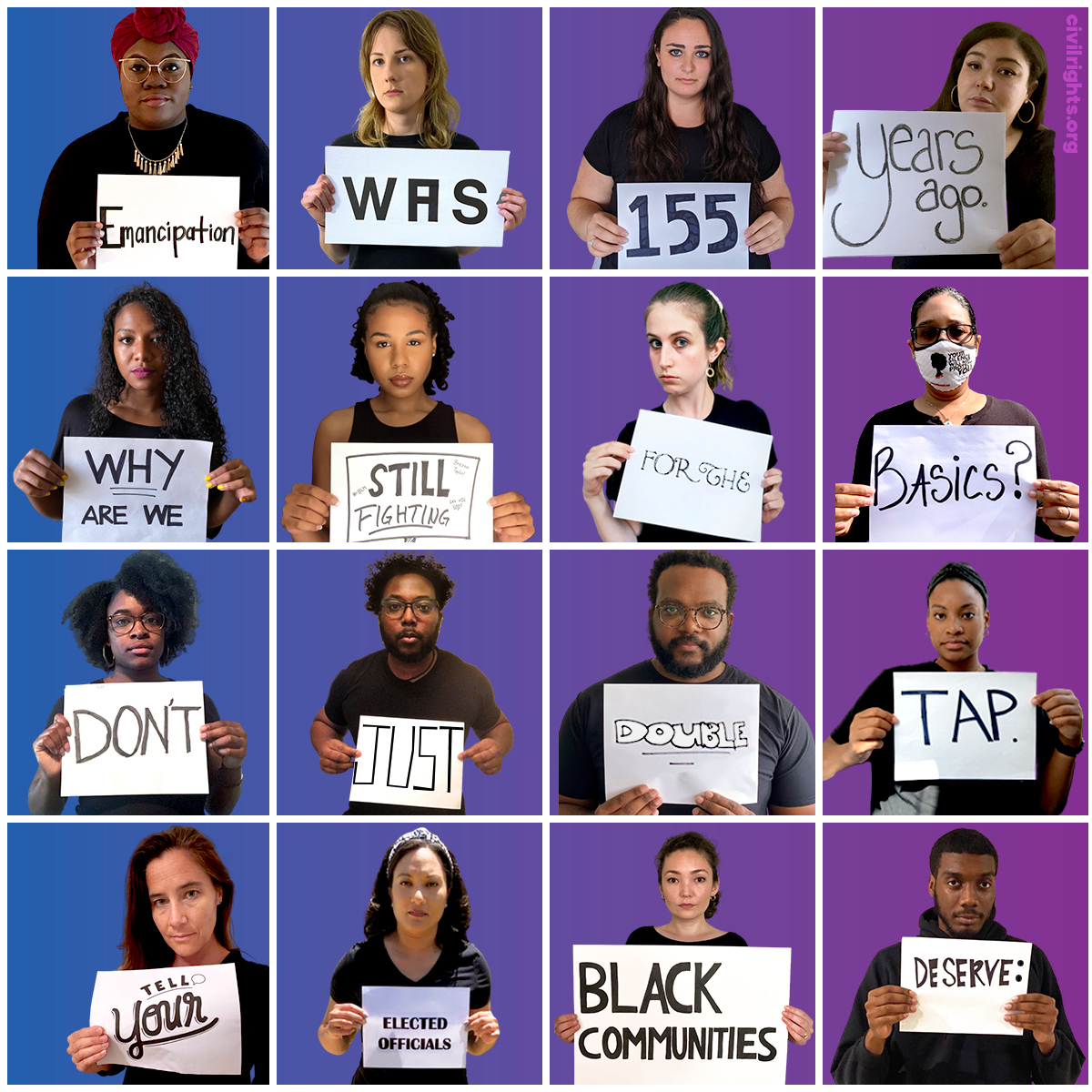 Graphic shows members of our staff holding up signs, which spell out the words: "Emancipation was 155 years ago. Why are we still fighting for the basics? Don't just double tap. Tell your elected official Black communities deserve:"