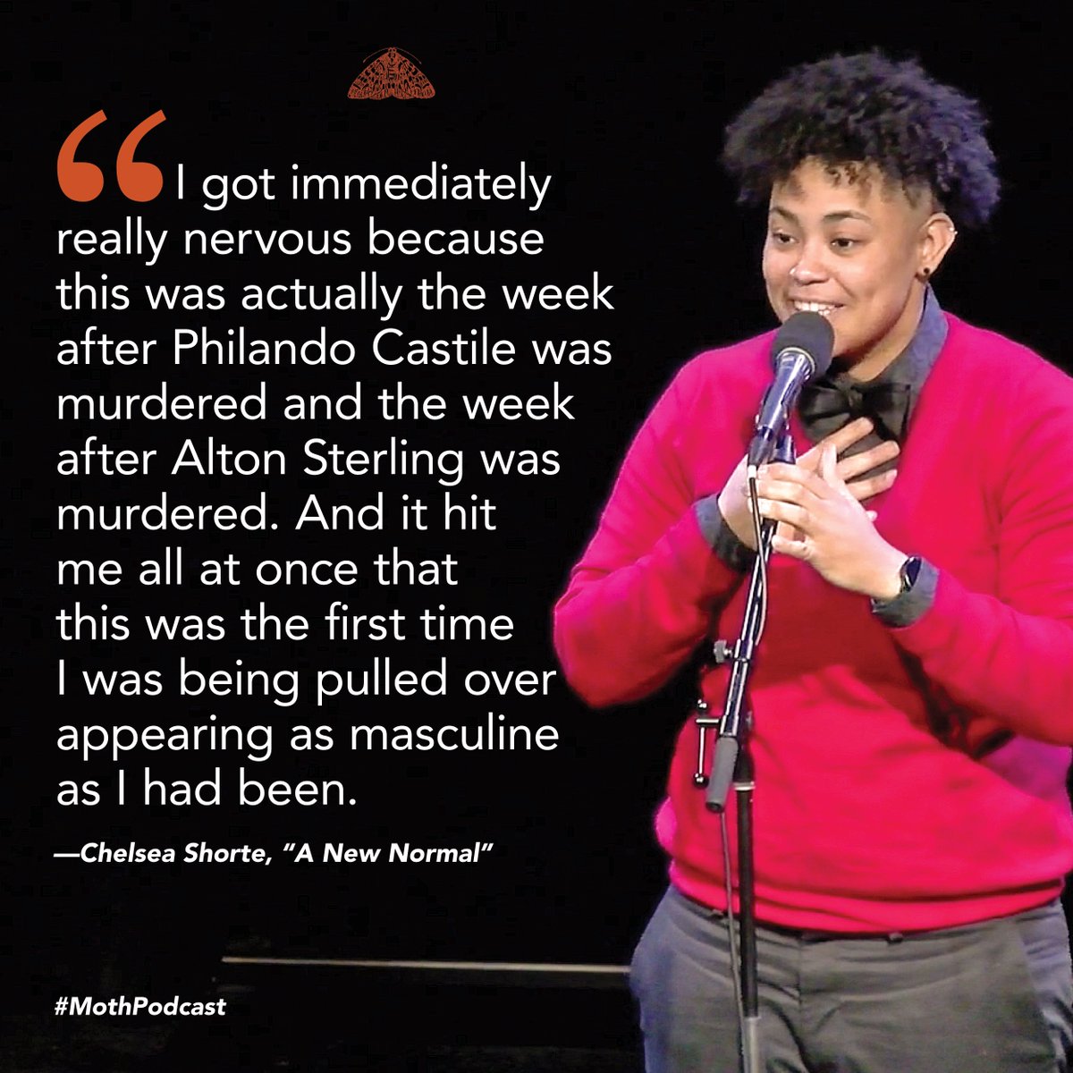 On the latest #MothPodcast, Chelsea Shorte (<a href="/ChikaChels/">Chels Shorte</a>) wrangles with different parts of their identity when pulled over by the police.

Hear Chelsea's story in "All Together Now: Fridays With The Moth," here: hhttps://themoth.org/podcast/all-together-now-chelsea-shorte