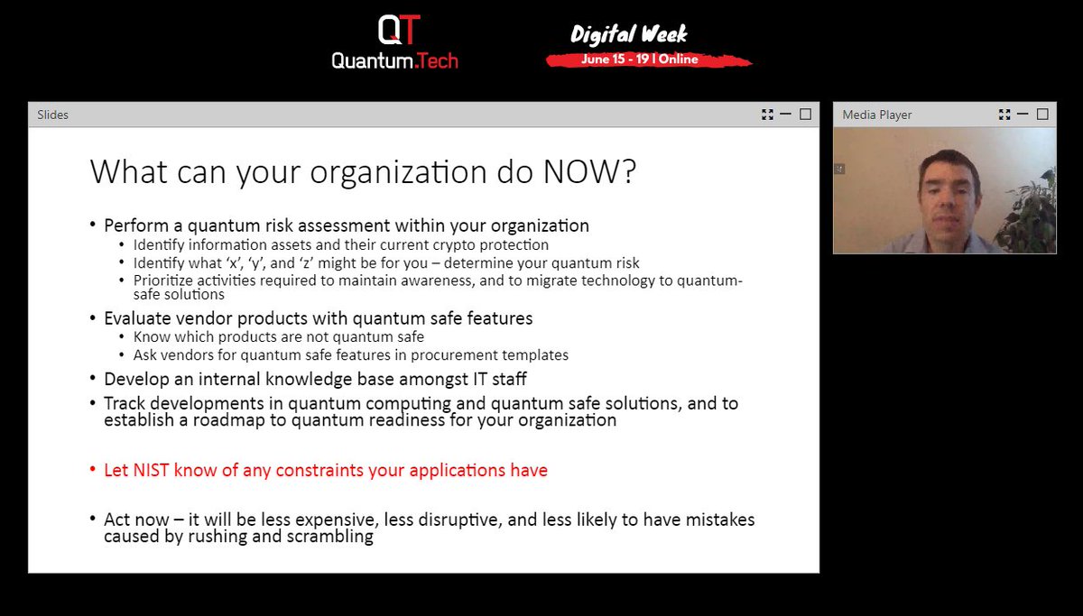 davidkshaw's tweet photo. Dustin Moody @NIST calls for companies to ACT NOW on preparing their #quantum safe transition. NIST #PQC is on track for round 3. Moody also took the opportunity at #QTDigitalWeek to make reasoned comments about the role of #QKD. Commendable given the sometimes rancorous debate. https://t.co/tufXHQTxuM