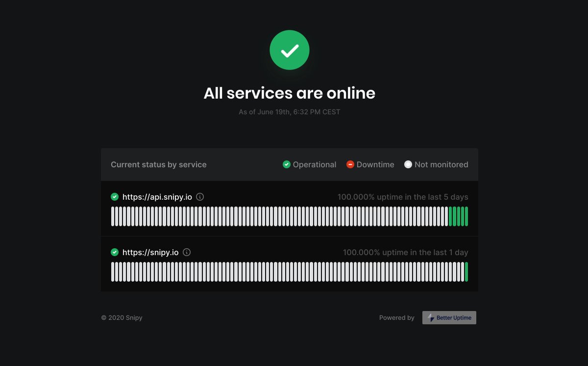 snipyio's tweet photo. Thanks to the cool service @BetterUptime we now have our uptime page where you can monitor the status of our services. We do our best to keep 100% uptime for Snipy. 👩‍🔬 https://t.co/yIT0vsv9jG