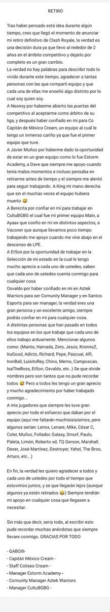 El día de hoy hago oficial mi retiro del competitivo de Clash Royale

Muchas gracias a todos por todo su apoyo 

Se que es mucho texto y pondrán el meme del Yoda 😂 Pero refleja todo mi tiempo en el competitivo y todos los equipos en los que estuve 🥺