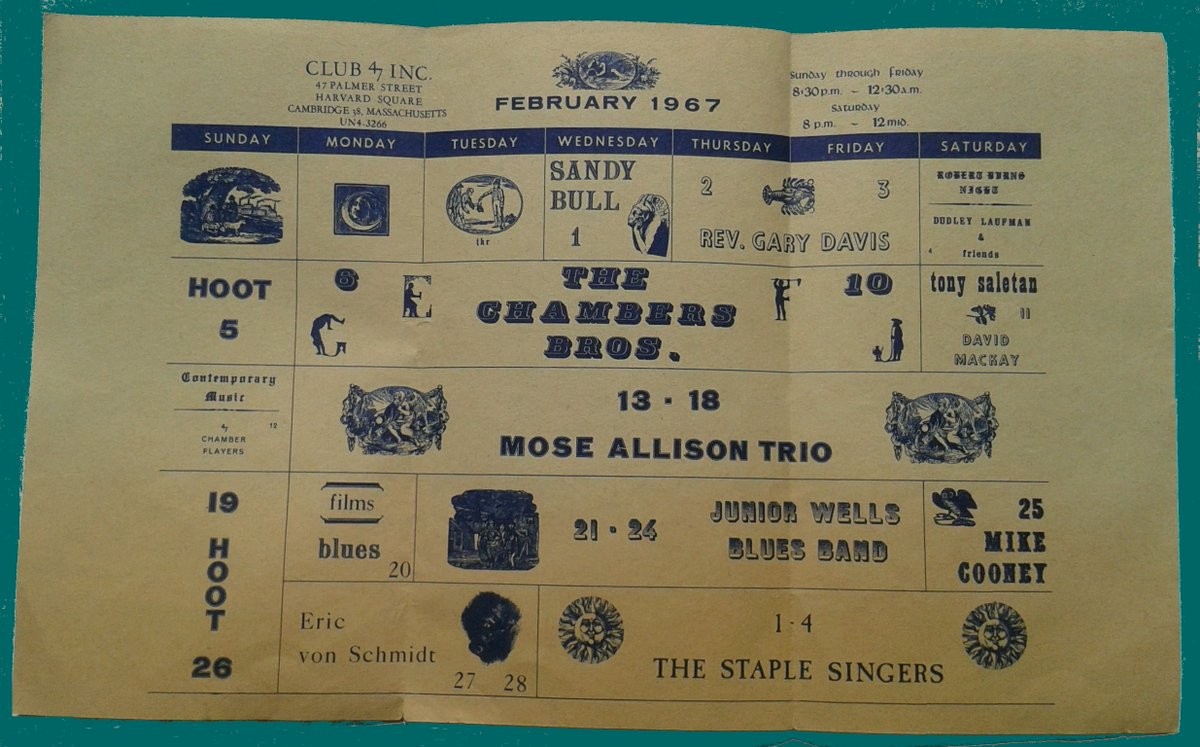  @mavisstaples is a juggernaut in the gospel and blues scenes. She's best known for her family band the Staple Singers, who picked up the moniker God's Greatest Hitmakers. They sang at Club Passim several times in the late 60s. Here's a February '67 calendar advertising their show