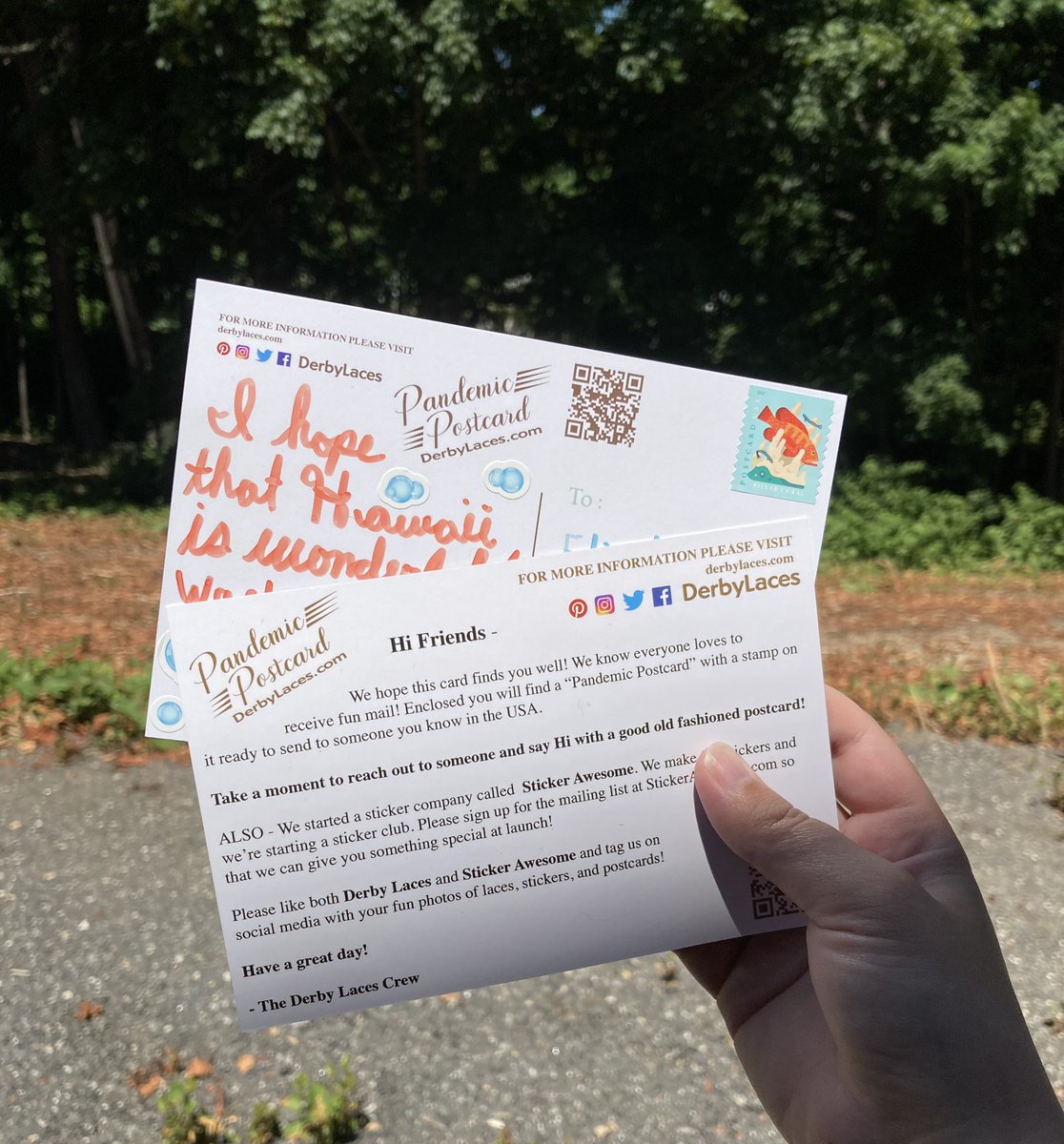 Mollyolsenhere's tweet photo. Pandemic postcards! Thanks, @DerbyLaces for giving me a good excuse to send my sister one of her first pieces of mail at her new place!😊💌📫💕 #postcards #mail https://t.co/JgZvYwNt5a