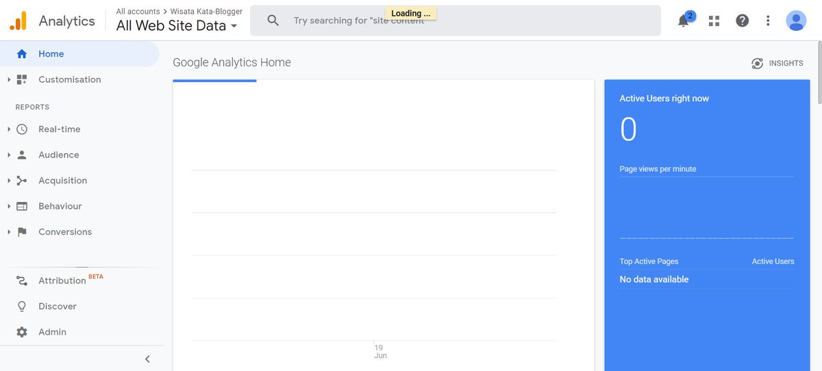 14. h. Selamat, kamu sudah punya akun Google Analytics dan satu property. Kalau kamu klik "All Web Site Data" kamu akan dibawa ke dashboard spt di gambar kedua. Kok ga ada data grafiknya? Ya belum, karena masih ada langkah selanjutnya.