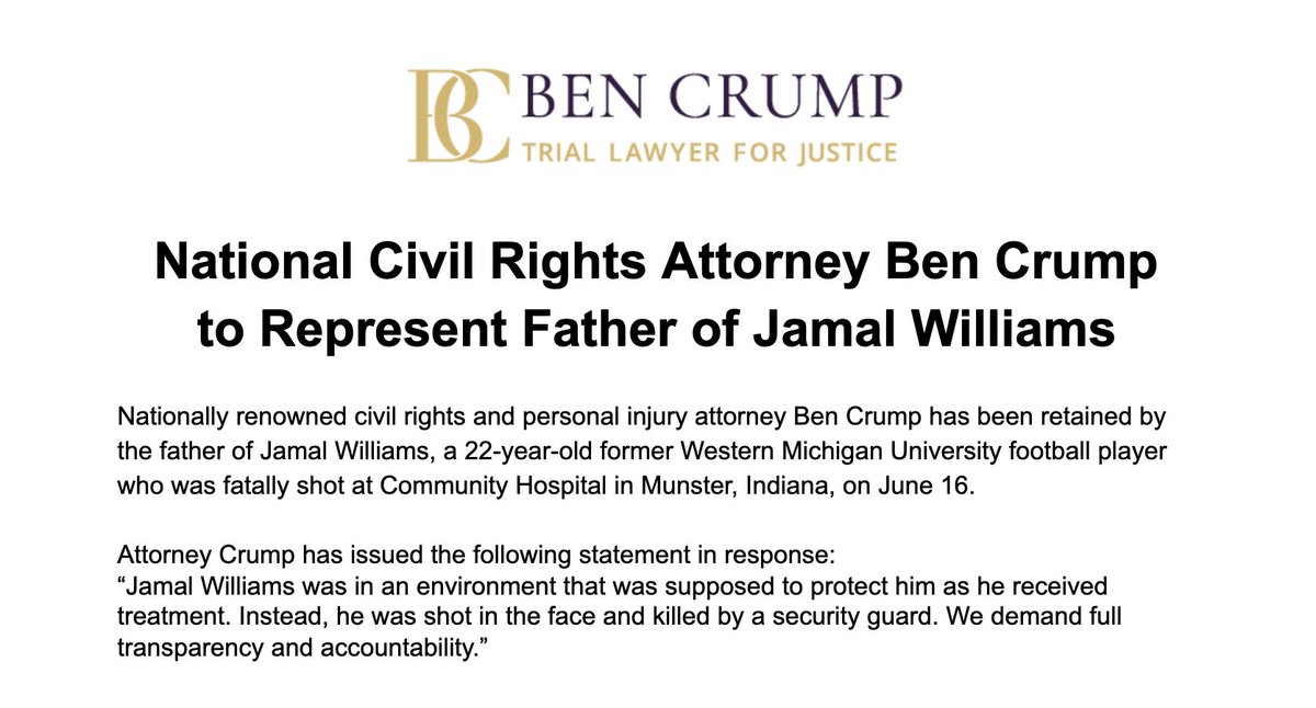 I have been retained by the father of Jamal Williams, the 22-year-old former <a href="/WMU_Football/">Western Michigan Football</a> player who was fatally shot June 16 at Community Hospital in Munster, Indiana. We demand TRANSPARENCY and ACCOUNTABILITY to get #JusticeForJamal!!