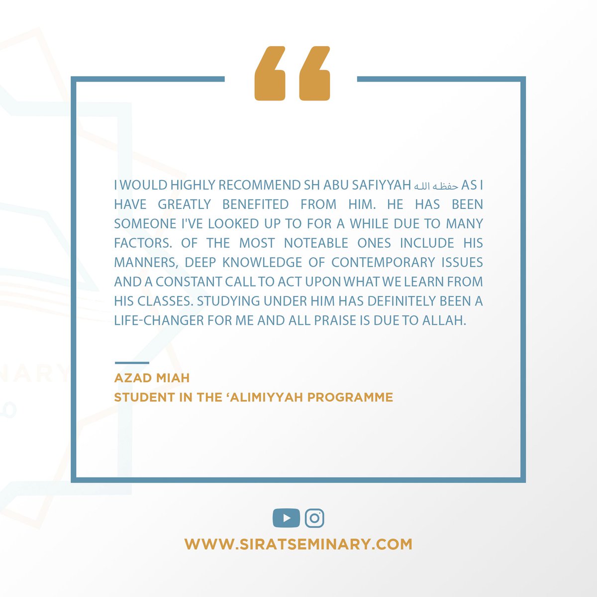 SeminarySirat's tweet photo. Testimonial from one of our 'Alimiyyah student- Azad Miah. Registration is still open! https://t.co/iH0Yb2Uww1