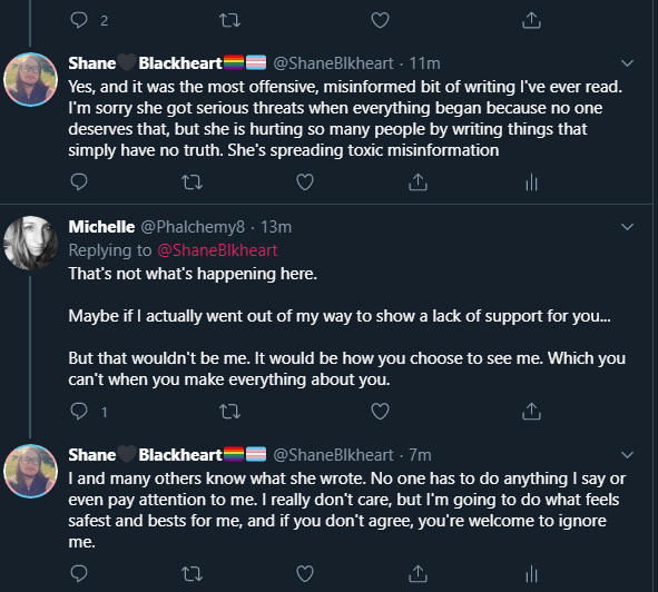 @/phalchemy8 makes a hobby of gaslighting and calling those of us who point out abuse bullies. She's defending JKR and someone spewing Nazi rhetoric at like a 3 second glance at her tweets. Here's one interaction (shared with Shane's permission).