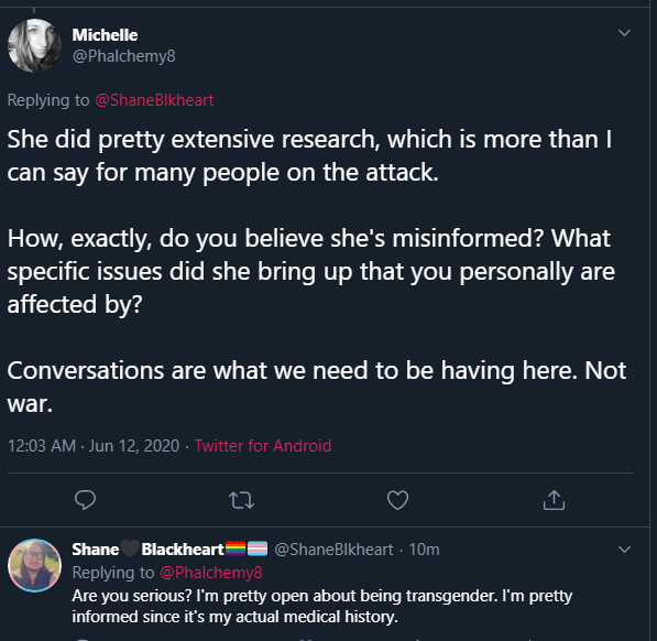 @/phalchemy8 makes a hobby of gaslighting and calling those of us who point out abuse bullies. She's defending JKR and someone spewing Nazi rhetoric at like a 3 second glance at her tweets. Here's one interaction (shared with Shane's permission).