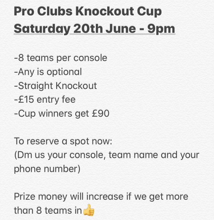 #ProClubs #ProClub #ProClubtournament #PS4 #Xbox <a href="/S6_trialhouse/">S6 Trialhouse | #proclubs</a> <a href="/ProclubsRT/">Pro Club ReTweets</a> <a href="/ClubsAgent/">Pro Clubs free agent zone</a> @ClubsAgency @ProClubsHub_ <a href="/ProClubShowdown/">E SPORTS COMMUNITY</a> <a href="/UltimateCups/">Ultimate Cups</a>  No Limit on players per team👍